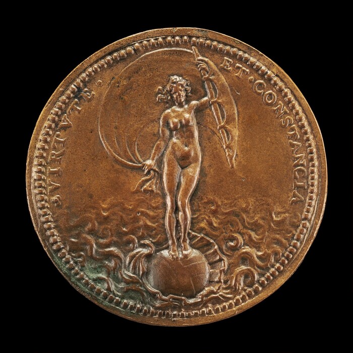 The sculpture is a relief on a coin portraying a nude female standing on a semi-spherical object surrounded by flowing water. She holds a bundle of wheat and a caduceus. The bronze coin features the inscription "VIRTVTE ET CONSTANTIA." The sculpture showcases intricate details and dynamic representation.