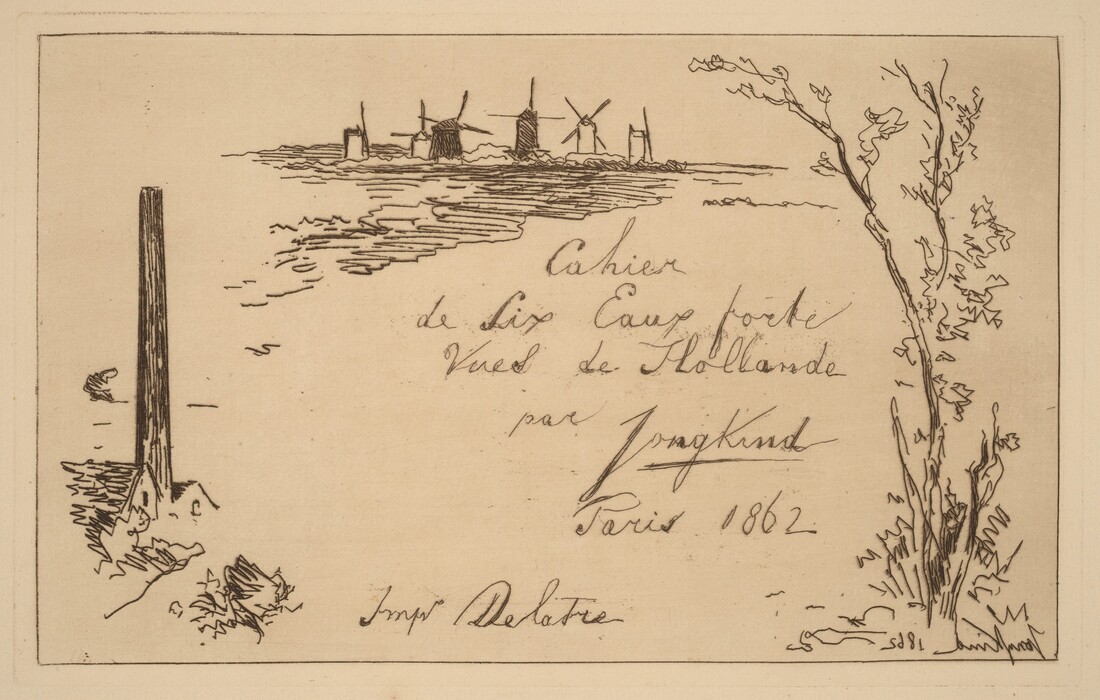The image shows a landscape with windmills on the horizon. A tall wooden post and foliage are on the left, while a stylized tree is on the right. The style features delicate brushstrokes, a monochrome color palette, and artistically incorporated text.