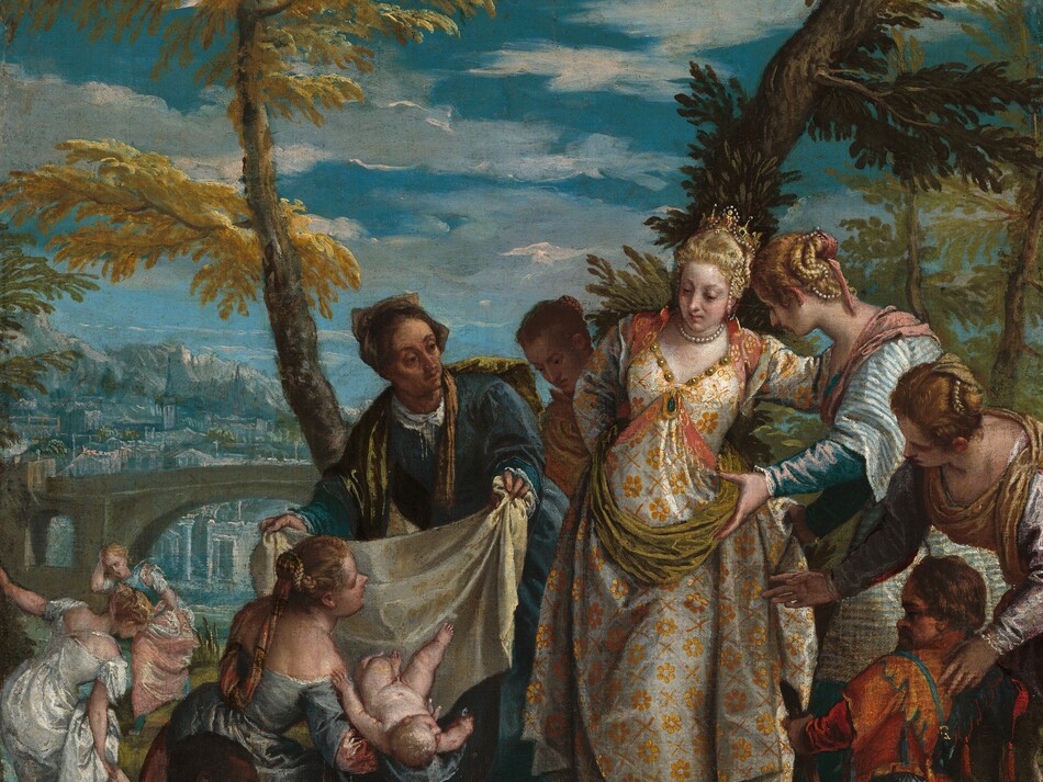 Six elegantly dressed, light-skinned women, a man with dark brown skin, and a person of short stature gather around a nude baby boy in front of a landscape with a town in the distance in this vertical painting. Attention is focused on the baby, held by a woman kneeling to our lower left, and on a woman wearing a silver and gold-colored brocade dress standing near the center of the painting. The central woman's dress is trimmed with gold and jewels. She wears a pearl necklace, and her blond hair is wrapped with pearls around a gold, jeweled tiara. She leans to our right, toward another woman with blond, pearl-adorned hair wearing a blue and white stripped dress with puffed sleeves. In front of that pair, and along the right edge of the painting, another woman with pearls in her hair bends over a person of short stature and gestures toward the baby. The person of short stature has brown hair over a high forehead and a tan complexion. He holds an instrument like a recorder and wears a navy-blue and crimson-red jester’s costume. Seen from the waist up in the lower left corner of the painting, the man with brown skin has close-cropped black hair and wears a marigold-orange garment. Looking onto the scene from the sunken riverbed, he gazes to our right in profile and holds a basket. Above him, the woman holding the baby looks at the woman wearing silver and gold. An older woman holds up a cloth, presumably to wrap the baby. Another person looks on over that woman’s shoulder, and two more women stand farther back to our left, apart from this group. Behind the main scene, a few spindly trees with feathery pine-green or harvest-yellow leaves extend off the top edge of the canvas. An arched bridge spans the river in the distance to the left and beyond a town is painted in blue and gray against rocky hills. Blue sky above is strewn with white clouds.