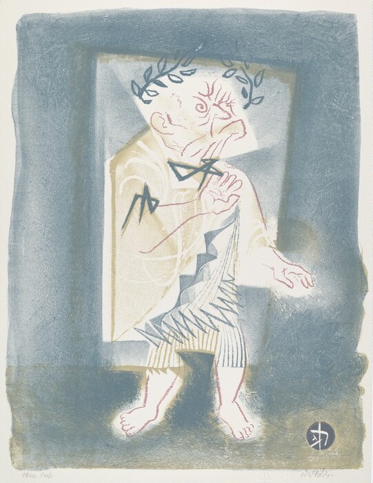 The image shows a stylized figure standing in profile within a rectangular frame. The figure is slightly turned, with one arm raised in front of the body and the other hanging loosely. The face is abstract and expressive, with exaggerated features, including prominent lines suggesting age or wrinkles. The hair is in a wreath made of leaves. The clothing consists of patterns and shapes that suggest a toga-like garment with stripes and zigzag patterns. The figure is barefoot. The background is soft blue-gray, creating depth, and a circular emblem with abstract symbols is in the lower right corner.