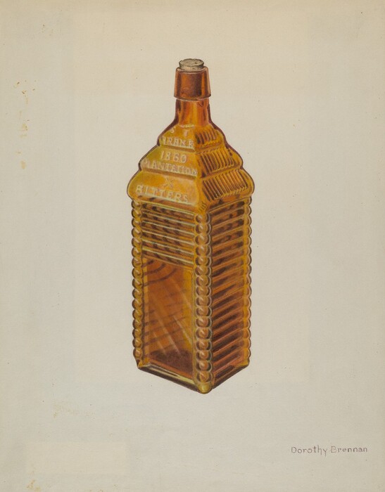 The image shows a tall, rectangular, amber-colored glass bottle with a ribbed design along its sides and a narrow neck at the top. The color palette is warm amber tones with variations in light and shadow that highlight the texture of the bottle. The bottle is positioned centrally, slightly turned to the right, with a minimalistic background.