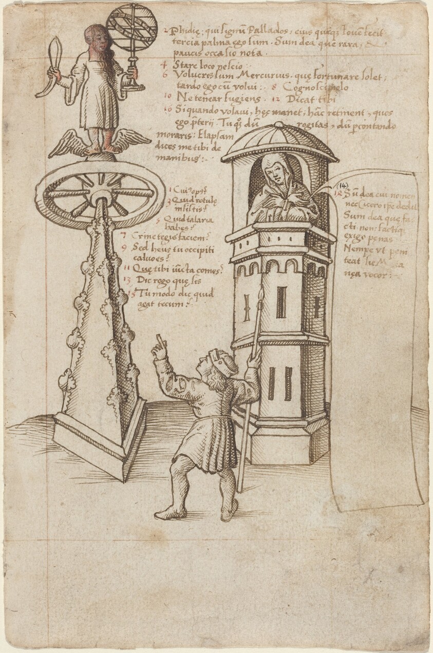 The Statue of Opportunity, a Passer-by, and Remorse [fol. 8r]