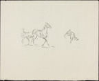 This is a drawing of a horse pulling a cart with a person and another horse's head drawn separately. The drawing features a simple sketch using minimal lines to depict a scene where a horse is harnessed to a cart on which a person is seated. The horse appears to be in motion, as indicated by its extended legs. Off to the right side, there is a separate depiction of a horse's head. The entire composition is created using light pencil or charcoal lines on a blank background.