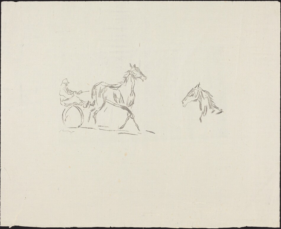 This is a drawing of a horse pulling a cart with a person and another horse's head drawn separately. The drawing features a simple sketch using minimal lines to depict a scene where a horse is harnessed to a cart on which a person is seated. The horse appears to be in motion, as indicated by its extended legs. Off to the right side, there is a separate depiction of a horse's head. The entire composition is created using light pencil or charcoal lines on a blank background.