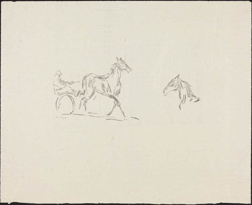This is a drawing of a horse pulling a cart with a person and another horse's head drawn separately. The drawing features a simple sketch using minimal lines to depict a scene where a horse is harnessed to a cart on which a person is seated. The horse appears to be in motion, as indicated by its extended legs. Off to the right side, there is a separate depiction of a horse's head. The entire composition is created using light pencil or charcoal lines on a blank background.