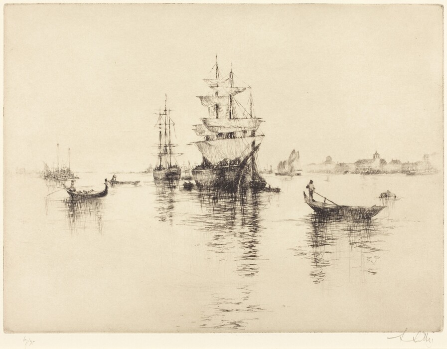 The image shows a seascape with several boats and ships from a water-level perspective. A small boat with a figure is closest to us, while a larger ship with grand masts dominates the center-right. Other smaller vessels, including a rowboat with a figure, are scattered around. The background features a distant shoreline with more ships and possibly urban structures. The color palette is soft sepia, with gentle ripples on the water's surface.