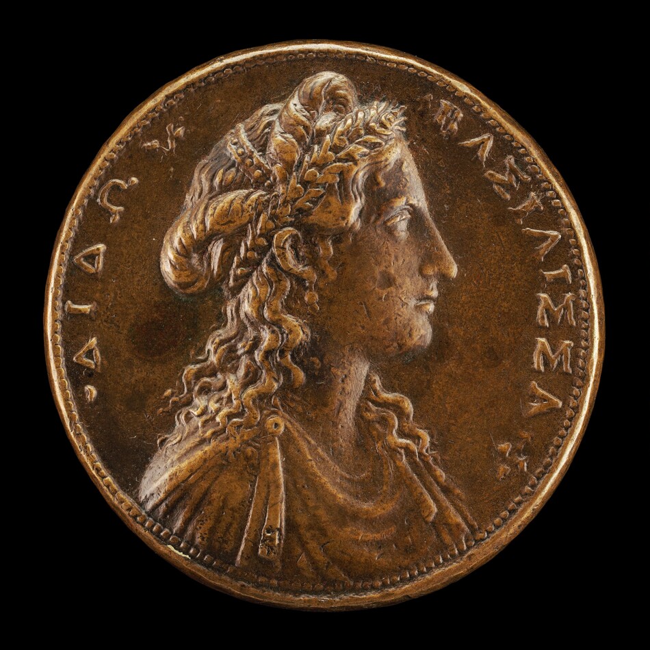 The image shows a bas-relief on a coin with a profile portrait of a woman. The woman has intricate, flowing hair with a laurel wreath. She is wearing Greco-Roman attire, indicated by draped clothing and a classical hairstyle. The coin is bronze-colored and has inscriptions in ancient Greek script. The sculpture resembles an ancient coin, with a detailed depiction of the woman's face and clothing.