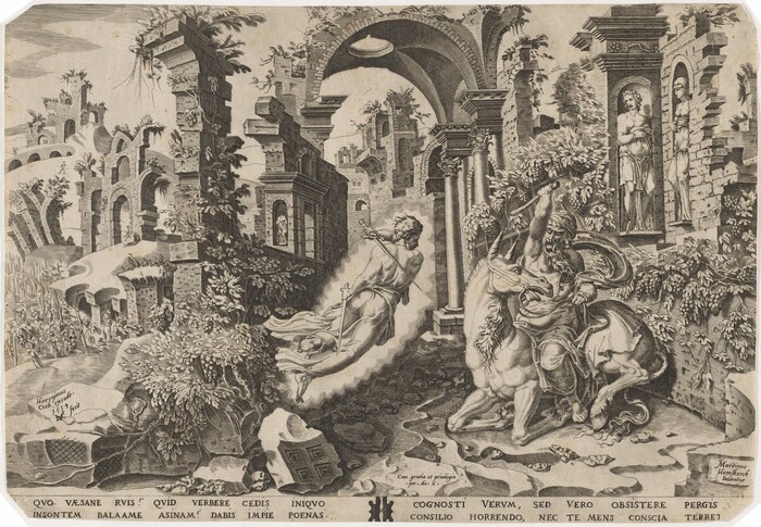 This is a drawing of a scene with ancient ruins. The artwork shows a bearded warrior riding a horse, making a gesture with one hand holding the horse's reins. The setting includes decaying stone structures covered in ivy, featuring arches, columns, and statues. The intricate details of foliage and masonry create a rich texture. The composition conveys a sense of a mythological narrative or allegory.
