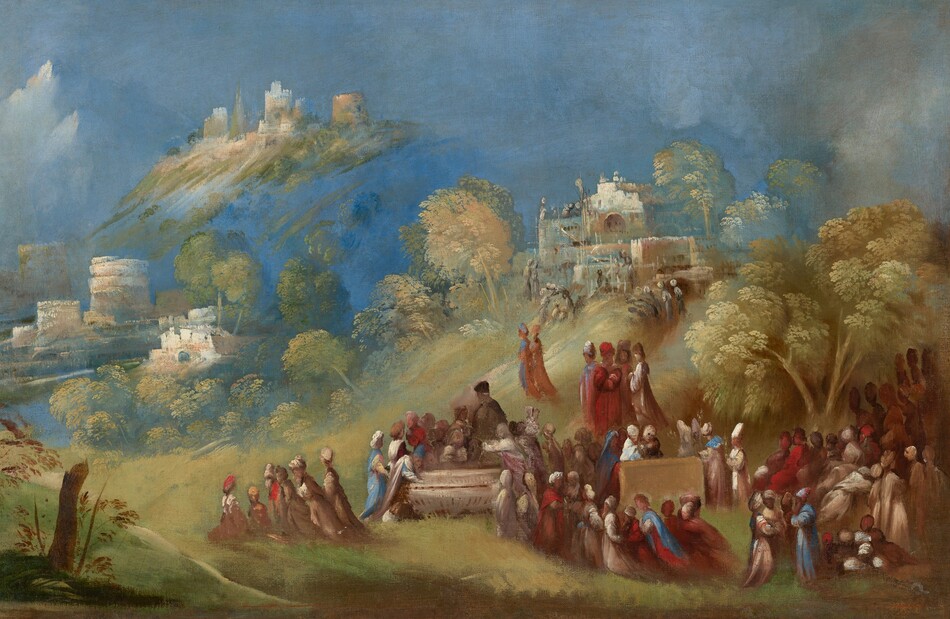 This painting shows a landscape with castle-like structures on a green hill, with a group of people gathering in colorful clothing in the bottom left. The people are indistinct, painted in shades of red, brown, and blue, with no visible facial features. Two objects appear in the center of the groups of people: a low cream-colored object and a square brown object. One of the large buildings to the right of center appears to be under construction. Green trees are scattered across the ground and hills. Some of the green, building-lined hills on the left are separated from the rest of the land by strips of blue, as if they are surrounded by mist, or float in the sky.