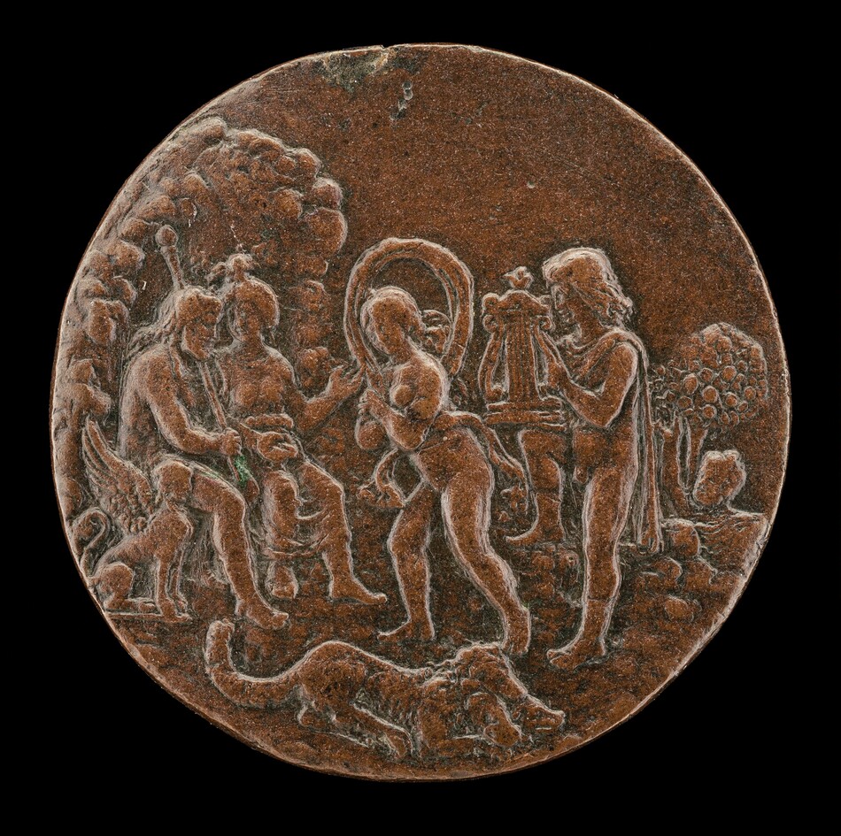This is a round relief sculpture featuring classical figures in a natural setting. At the center, a nude figure stands facing a seated figure on the left accompanied by another seated figure holding staffs. Another figure on the right holds a stringed instrument. A winged creature resembling a lion rests in front of the figures. Detailed trees are in the background. The relief is crafted from a bronze-colored material, giving it an ancient appearance. The sculpting shows detailed textures of the characters' hair, clothing, and surrounding flora. The sculptures are in low relief, emphasizing narrative over high-dimensionality.