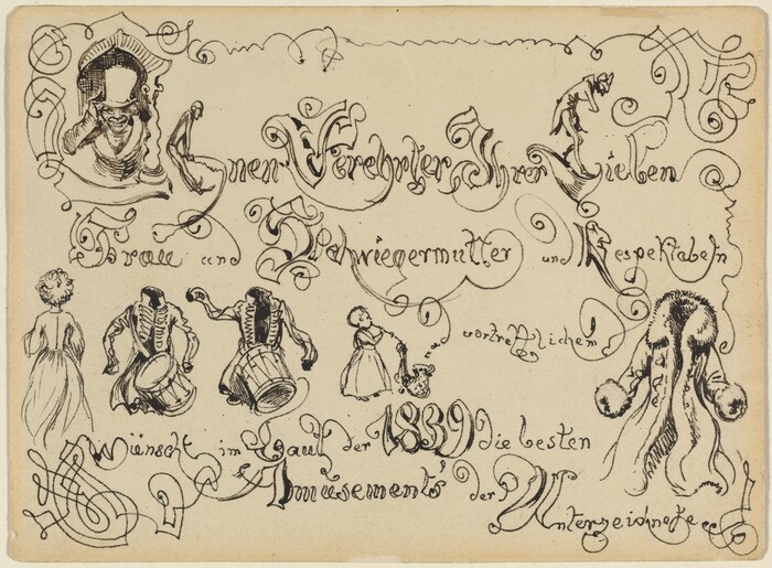 This is a drawing featuring whimsical illustrations and decorative text. Intricate elements include ornate lettering and playful figures scattered across the page. In the upper left corner, there's a person in a decorative frame wearing a top hat. Below, there are figures of musicians playing drums and a small person with a dog on a leash. The text flows with embellishments and curls, displaying a decorative script. Various curly lines and motifs fill the spaces between the text and figures, adding artistic complexity to the piece.