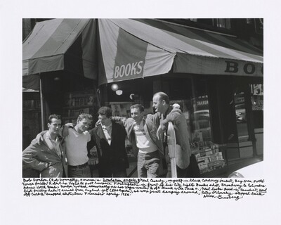 Bob Donlon (Rob Donnelly, Kerouac’s Desolation Angels), Neal Cassady, myself in black corduroy jacket, Bay Area poets’ “Court Painter” Robert La Vigne & poet Lawrence Ferlinghetti in front of his City Lights Books shop, Broadway & Columbus Avenue North Beach. Donlon worked seasonally as Las Vegas waiter & oft drank with Jack K., Neal looks good in tee shirt, Howl first printing hadn’t arrived from England yet (500 copies), we were just hanging around, Peter Orlovsky stepped back off curb & snapped shot, San Francisco spring 1956., Allen Ginsberg, 1956, printed later
