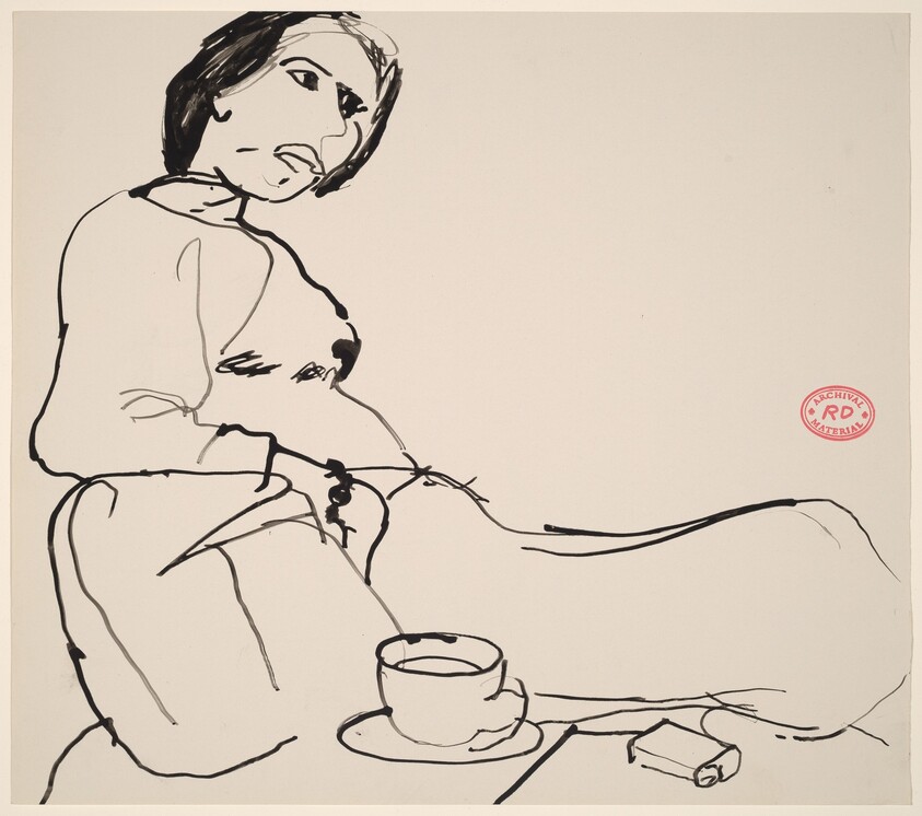 Untitled [seated woman with coffee and a pack of cigarettes]
