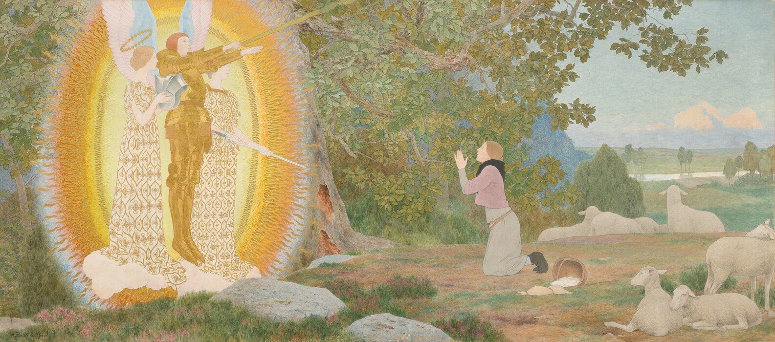A woman to our right kneels with her hands in prayer as she looks to our left at a vision in a landscape in this horizontal painting. The vision is of a person wearing gold armor, who is flanked by two more people, all encased an oval-shaped full-body halo. The people all have smooth, pale skin, and the women have ash-blond hair. The armored person, Saint Michael, has copper-colored hair and he hovers, feet hanging loose, low over the ground. His body is angled sharply to our right. Both of his arms are outstretched in front of him at shoulder height, and he holds up a gold sword with his right hand. The end of the long sword disappears into the leafy canopy above. Pale pink and blue wings spread from his shoulders. The people to either side of him both wear white dresses patterned with gold designs, and each stands on a shell-pink cloud. The woman closer to us has a halo and holds a silver helmet. The woman farther from us holds out a long, slender, silver sword with both hands. The encompassing halo is ringed with narrow flames. This trio and the halo take up the leftmost third of the composition. They are backed and surrounded by olive-green and golden brown trees. A thick tree trunk immediately to their right has two gouges taken from near the roots. The kneeling woman wears a black scarf and pink jacket-like garment over a long beige dress. She faces our left in profile, looking up at Saint Michael with her lips parted and her eyebrows lifted. Six cream-white sheep stand and lie on the ground behind her, to our right. A basket near her feet has tipped over, spilling its white contents. Grassy hills dotted with pale green trees extends into the deep distance. Puffy peach clouds line the horizon, which comes just over halfway up the composition. The artist signed the lower left corner, “M.Boutet de Monvel.”
