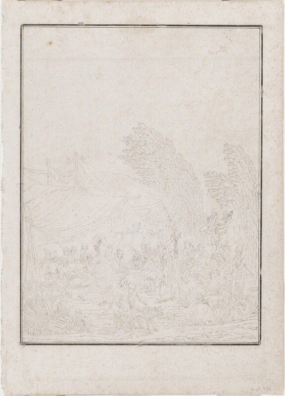 This is a drawing showing a group of figures under a tent. The scene includes people gathered under a canopy made of draped cloths and wood supports. Objects like pots and fabric, along with some greenery, are seen around the area. The drawing features detailed line work that conveys movement and activity among the figures.