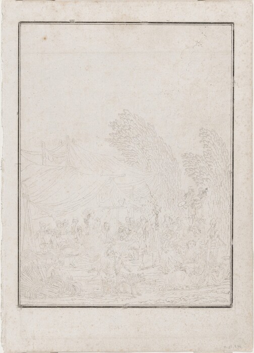 This is a drawing showing a group of figures under a tent. The scene includes people gathered under a canopy made of draped cloths and wood supports. Objects like pots and fabric, along with some greenery, are seen around the area. The drawing features detailed line work that conveys movement and activity among the figures.