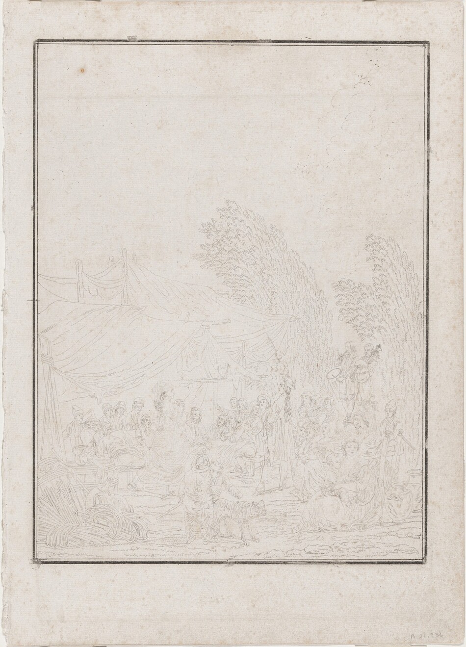 This is a drawing showing a group of figures under a tent. The scene includes people gathered under a canopy made of draped cloths and wood supports. Objects like pots and fabric, along with some greenery, are seen around the area. The drawing features detailed line work that conveys movement and activity among the figures.