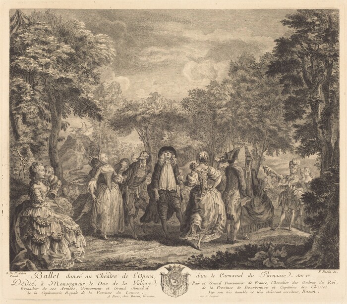 This is a detailed engraving showing elegantly dressed figures engaged in a dance. The scene is possibly set in a woodland clearing, with trees forming a canopy above. The engraving showcases fine lines, cross-hatching, and a monochromatic color palette to create textures and movement. Figures in motion, a seated woman, musicians, and a distant landscape are also depicted in the scene.