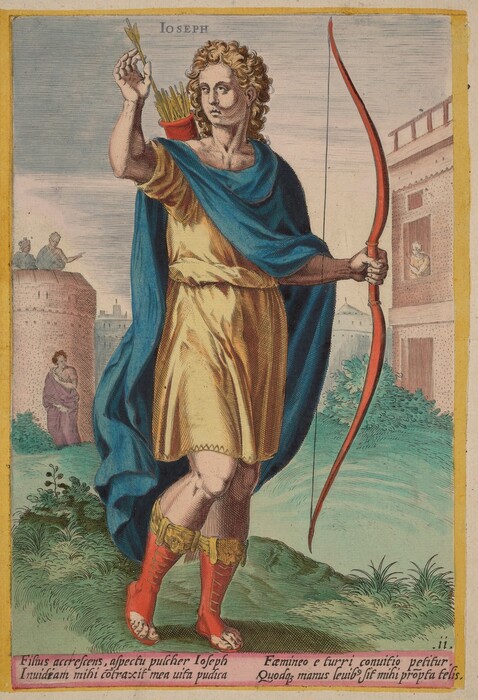 The image depicts a young man named Joseph, standing at a slight angle. He is holding a bow and potentially an arrow. Joseph has curly shoulder-length hair and distinct facial features. He wears a pale yellow tunic with a blue cloak over his shoulders, along with knee-high red-laced sandals. In the background, there is a stone building, a circular tower, and various small figures. The sky is lightly clouded and there is greenery around the man's feet.