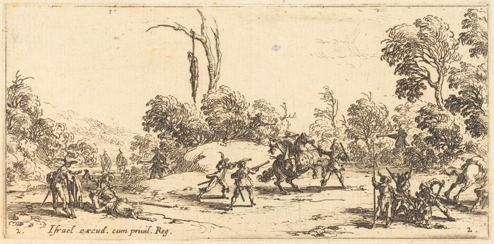 The image depicts a dynamic scene on a flat terrain. In the center, there is a horizon with trees and shrubbery. The scene is detailed with fine engravings, showing figures and natural elements in monochrome. Close to us, figures are shown in action, including a group tackling someone and a person on a horse being confronted. In the distance, more figures and foliage blend into the landscape's contour lines. There is a figure hanging from a tree on the horizon.