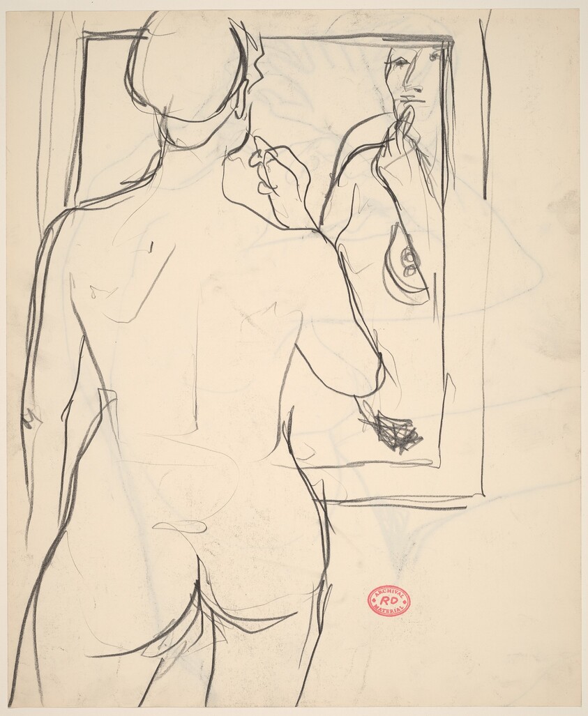 Untitled [standing nude applying lipstick in a mirror] [recto]