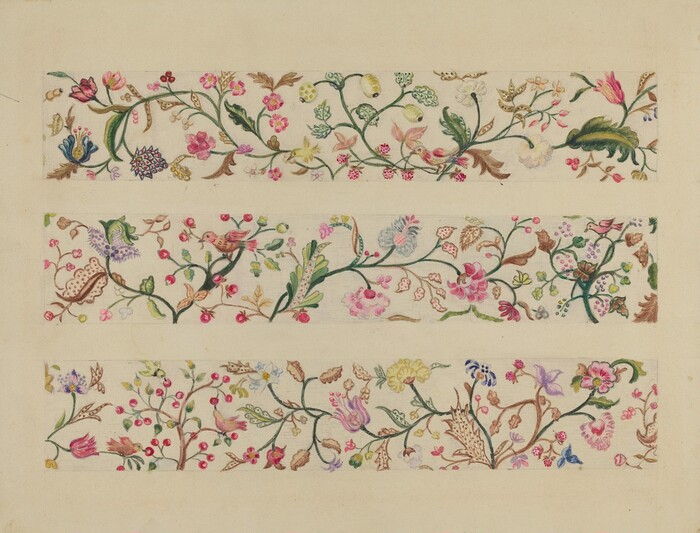 The image contains three horizontal strips with intricate floral patterns. The colors include pink, green, blue, purple, yellow, and red. The top strip has green leaves, pink and yellow blooms, and subtle motifs. The middle strip has various flowers with a bird motif, surrounded by reds, blues, and greens. The bottom strip has floral sprigs, leafy vines, and pops of purple and yellow among the main pinks and greens. Each strip is centered horizontally within the canvas.