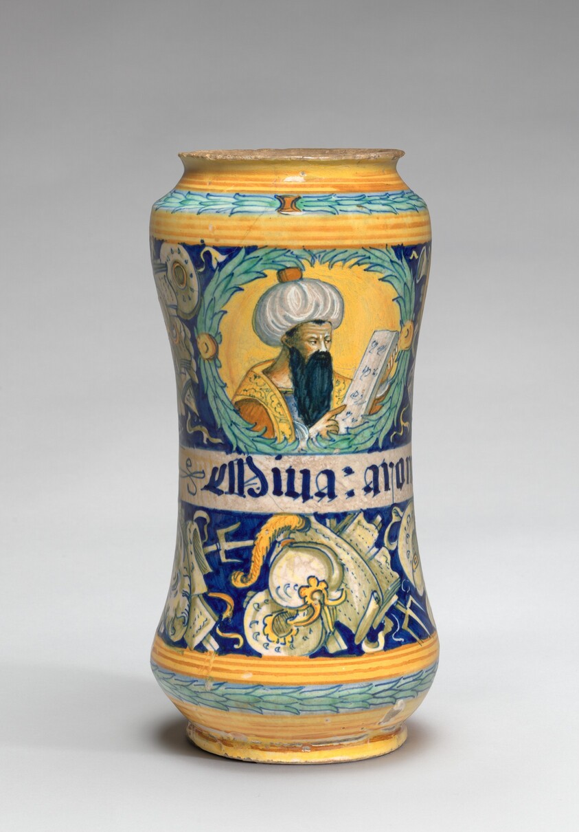 Albarello with black-bearded physician and trophies of arms