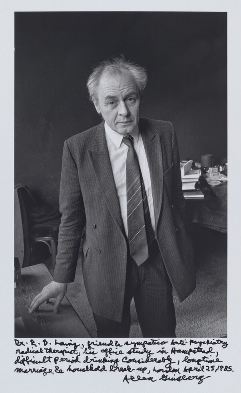 Dr. R.D. Laing, friend & sympatico Anti-psychiatry radical therapist, his office study in Hampstead, difficult period drinking considerably, longtime marriage & household break-up, London April 25, 1985.