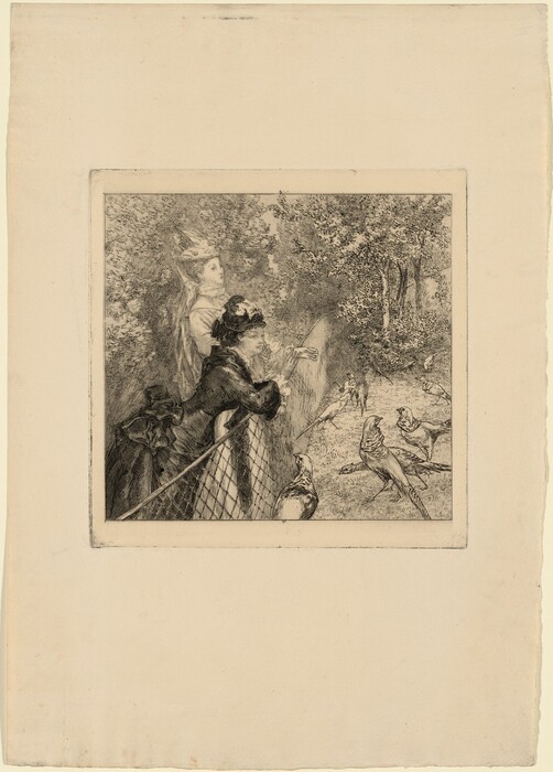 Two women are depicted from the waist up. They are positioned side by side, with one woman in the foreground leaning slightly forward, resting her arms on a lattice fence. Her facial features are lightly sketched, and she has her hair styled neatly back, adorned with a decorative hat featuring feathers or flowers. Her companion stands slightly behind her, casually leaning on the fence, with her face turned slightly to the viewer, gazing into the distance. This woman’s features are also finely depicted, and her hair is styled similarly, with a hat featuring a large plume. Both women are wearing dark-toned garments with full sleeves. There are several birds, like pheasants, on the grassy ground inside the fence. The background features dense foliage and trees.