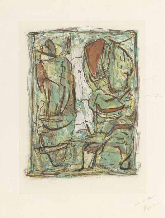 The image shows swirling lines and shapes interweaving in an abstract composition. Central forms resemble figures or organic shapes outlined in dark, bold strokes. The color palette includes earthy browns, muted greens, and subtle hints of yellow, blurring the boundaries and adding depth and texture. The overall effect is dynamic, resembling a topographical map.