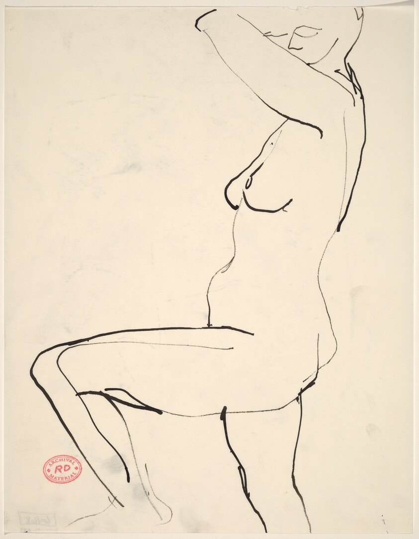 Untitled [side view of standing female nude with arm and leg raised]