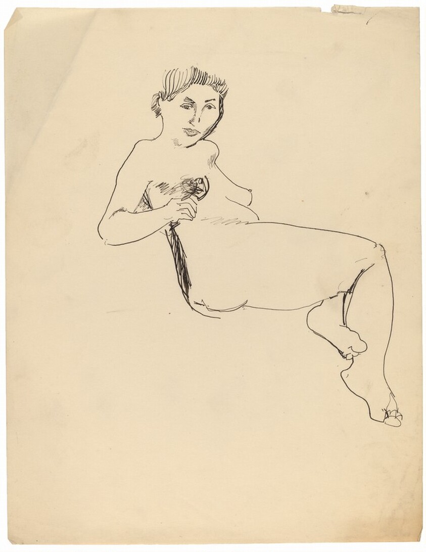 Reclining Female Nude, Right Hand Resting on Stomach, Left Foot Tucked Under Right Knee