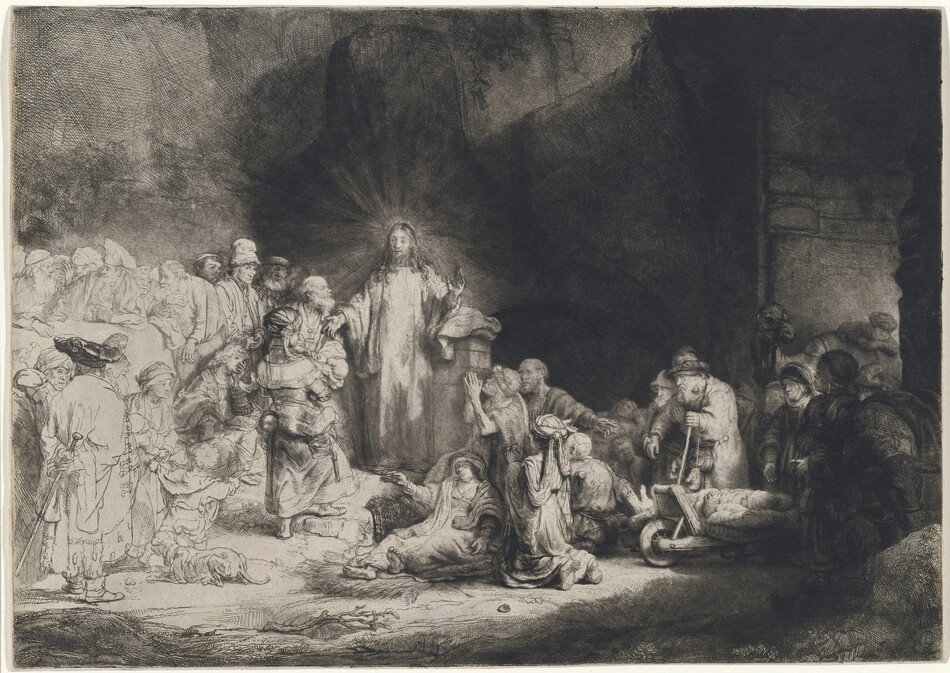 Printed with black lines and deep, velvety shading on white paper, a man, Jesus, stands at the center of a crowd of more than two dozen people, mostly adults and a few children, in this horizontal etching and drypoint. Jesus is left of center. He stands facing us, but he turns his head to look to our left. Rays of light emanate from behind his head against the towering cave opening that surrounds him. His curly hair falls long over his shoulders, and he holds both hands out. His eyes are lightly incised, giving them an almost blurred look. A crowd of people lie or kneel to our right. Some use crutches or walking sticks, and some are on carts. All the people appear to have pale skin except for one with darker-toned skin to the right in this gathering. That person has a rounded nose, full lips, and wears an earring that gleams brightly in the deep shadows. A camel stands at the far side of this group under an arched opening. The people standing and one person sitting close to Jesus to the left are fully shaded, and those farther left are lightly outlined and sparsely shaded so they appear to be much lighter on the white paper. Close to Jesus are a woman holding a baby, a seated, clean-shaven young man, and several bearded men. Most of those who are along the left edge of the sheet wear turbans or floppy caps.