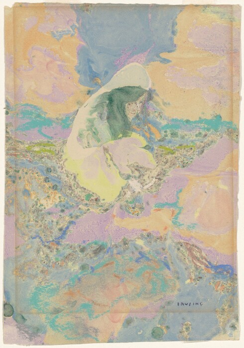 The image features swirling shapes and lines creating an abstract composition in pastel hues. Soft blues, greens, peaches, and lavender are blended together, giving the impression of an aerial view or a body of water. Cloud-like forms and flowing waves are visible throughout the image.