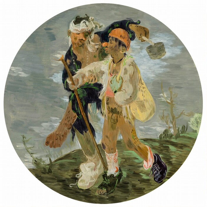 This round painting shows two people walking on a patch of grass. The taller person is on the left, holding the other person's arm with one hand and a small bucket with another hand. Both people have pale brown skin, patchy beards, and dark hair. The smaller person is wearing a bright orange beanie, a ragged white shirt, and a small necklace around their neck. Their lower half is bare, exposing their genitals, although they wear white socks and dark shoes. Their socks are covered with patches of red. They hold a brown walking stick or staff and have a pale-yellow bang slung over one shoulder. The taller person wears a dark coat that is open to show their chest and dark pants. Both their coat and pants have patches of a greenish color on them. They wear one white sneaker, and their other foot is bare. The taller person has a white cloth tied around their forehead, and the shorter person appears to wear an orange cap. The background includes a cloudy gray and pale-blue sky over sparse green foliage. The brushstrokes in the painting are thick and visible, giving the people an abstracted appearance.
