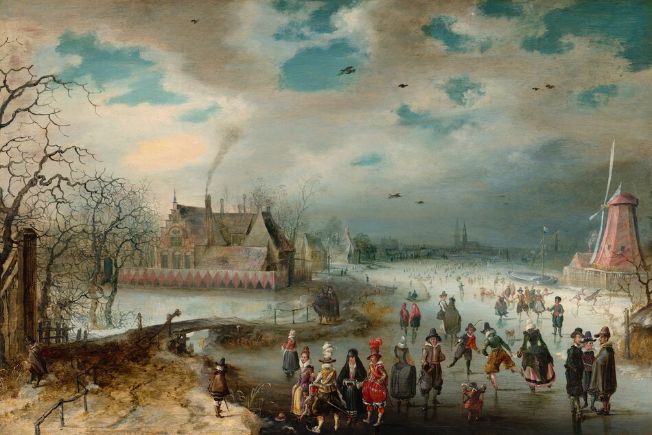 We look slightly down onto a scene showing light-skinned men, women, and children ice skating on a frozen river in this horizontal landscape painting. We get the impression of hundreds of people gathered on the ice creating a crowd that extends into the hazy distance. The couple dozen closest to us are the most defined. A few clusters of people and individuals in particular draw our attention. For example, a group of three men wearing dark cloaks and hats stand in conversation on our right. Two boys nearby hold sticks and play a game similar to hockey. A small child holds two smaller sticks, perhaps to help balance. A man in the front center wears puffy scarlet-red pants with white stockings, a red jacket, and a tall brown hat with a cloud of scarlet feathers. He stands next to a woman wearing a black hooded cloak over a black skirt and raspberry-pink bodice. She tucks her hands into a cylindrical muffler held at her waist. Another elegantly dressed man in golden yellows and black and a woman in mauve pink and butter yellow stand nearby. Some of people throughout the scene wear white frilly collars and others are more simply dressed in shades of brown, gray, and black. To our right, a faded rose-red windmill stands at the river’s edge, and to our left a large house with steeply pitched and stepped roofs is enclosed within a solid fence painted with pink diamonds against black and white. Smoke rises from one chimney, and other houses and a church line the riverbank into the distance. A wooden bridge near a grove of bare trees connects spit of land near us in the lower left corner with the village beyond. Brilliant azure-blue sky is visible through breaks in the steel-gray clouds above.