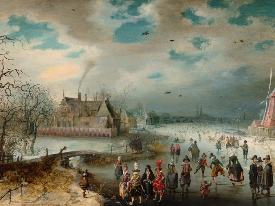 We look slightly down onto a scene showing light-skinned men, women, and children ice skating on a frozen river in this horizontal landscape painting. We get the impression of hundreds of people gathered on the ice creating a crowd that extends into the hazy distance. The couple dozen closest to us are the most defined. A few clusters of people and individuals in particular draw our attention. For example, a group of three men wearing dark cloaks and hats stand in conversation on our right. Two boys nearby hold sticks and play a game similar to hockey. A small child holds two smaller sticks, perhaps to help balance. A man in the front center wears puffy scarlet-red pants with white stockings, a red jacket, and a tall brown hat with a cloud of scarlet feathers. He stands next to a woman wearing a black hooded cloak over a black skirt and raspberry-pink bodice. She tucks her hands into a cylindrical muffler held at her waist. Another elegantly dressed man in golden yellows and black and a woman in mauve pink and butter yellow stand nearby. Some of people throughout the scene wear white frilly collars and others are more simply dressed in shades of brown, gray, and black. To our right, a faded rose-red windmill stands at the river’s edge, and to our left a large house with steeply pitched and stepped roofs is enclosed within a solid fence painted with pink diamonds against black and white. Smoke rises from one chimney, and other houses and a church line the riverbank into the distance. A wooden bridge near a grove of bare trees connects spit of land near us in the lower left corner with the village beyond. Brilliant azure-blue sky is visible through breaks in the steel-gray clouds above.