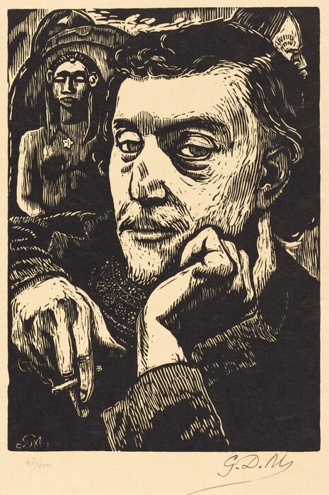 The image shows an artistic representation of a man's face and upper body. He is in a seated position, with his elbow resting on a surface and his hand supporting his chin. The man appears contemplative with deep-set eyes, a prominent nose, and a slightly unkempt beard and mustache. His hair is short, wavy, and combed back. He is dressed in a dark, tailored jacket with well-defined lapels and holds a cigarette between his fingers. In the background, there is a sculpture of a woman in a bust-style. The overall image is detailed and filled with intricate lines and shading.