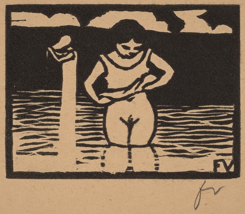 This image, in woodcut style, features two figures. The central figure is standing in water, depicted from the upper thighs up to the head, slightly bent forward with hands at the waist. The face shows basic features with short hair. The figure is wearing a sleeveless garment. Another figure is partially visible behind them. The background shows water with horizontal lines for waves, bordered by a dark expanse for sky or landscape, with stylized clouds. The artist's initials "FV" are in the bottom right corner.