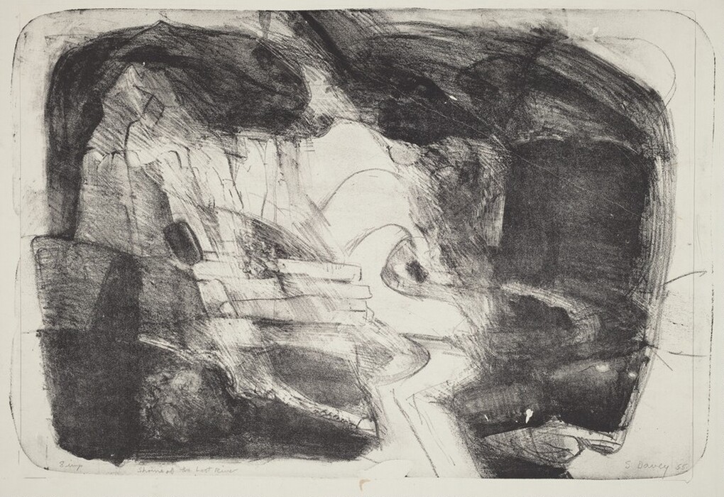 The image shows swirling lines and irregular shapes in dark and light areas. The abstract artwork may suggest a landscape with flowing lines resembling rivers and rocky formations. The black and white contrast creates shadows and highlights like light penetrating dense surfaces.