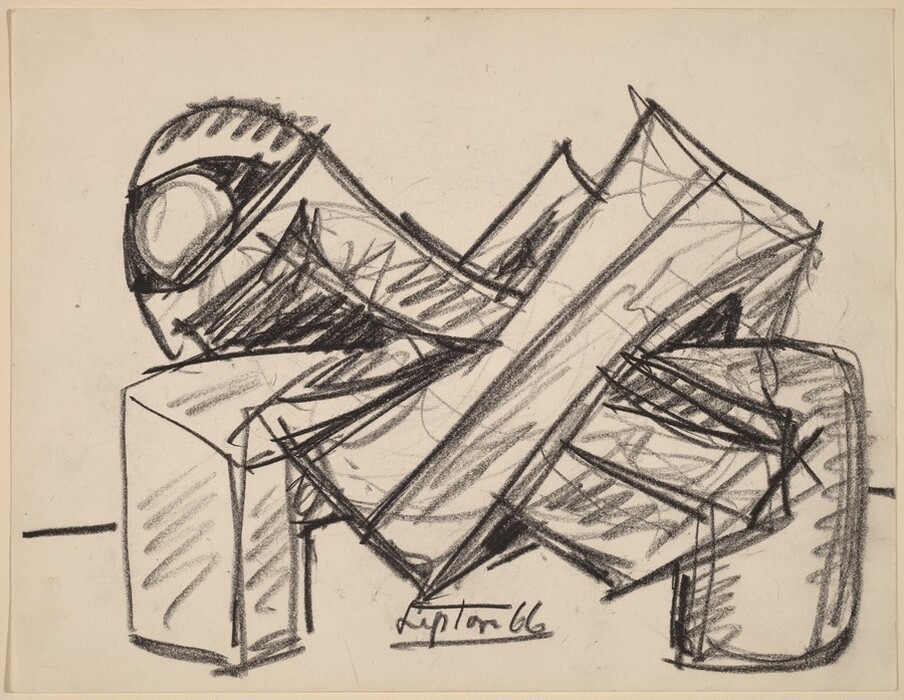 The image displays an arrangement of bold lines creating interconnected shapes resembling rectangles and cylinders. The abstract composition may suggest mechanical parts or industrial machinery, with overlapping elements and cross-hatching adding texture. The shapes twist and intersect, reminiscent of gears or machine armatures, evoking an industrial setting.