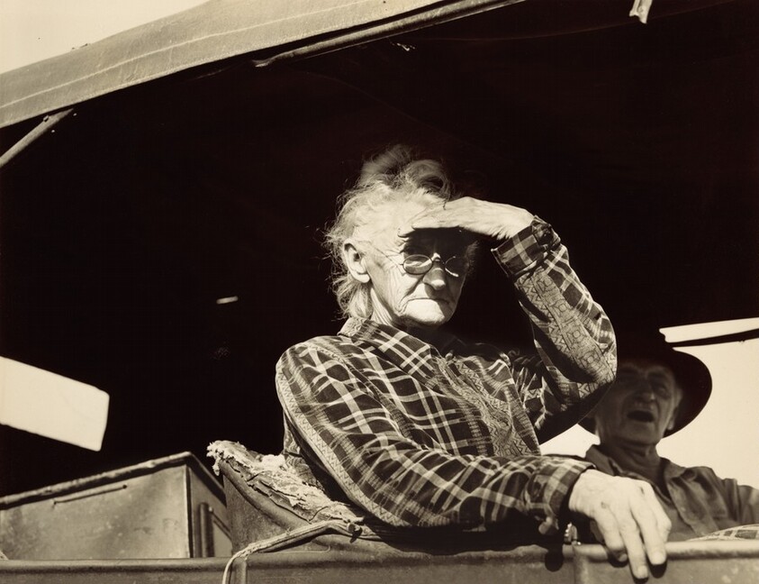 Eighty-year-old woman living in squatters' camp on the outskirts of Bakersfield, California. "If you lose your pluck you lose the most there is in you—all you've got to live with"