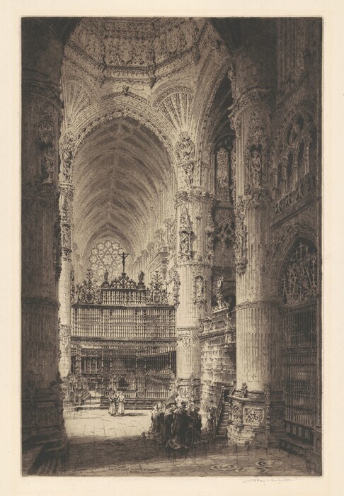 This is a drawing of an ornate interior of a cathedral or chapel. The drawing showcases the intricate architecture featuring tall columns and detailed carvings on the walls and arches. The perspective draws the eye upwards along the vertical lines of the columns and the ribbed vaults of the ceiling. The space is filled with a sense of scale and grandeur, accentuated by a large rose window in the background letting in light. Fine lines depict the architectural elements and the texture of the stone and woodwork, providing depth and contrast. The central focus is the choir section ornately decorated with lattice work and religious symbols. There is a sense of solemnity and reverence conveyed by the detailed depiction of this sacred space.