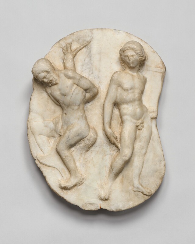 The nude bodies of two men are carved from white marble in high relief against a flat placquard with the curving contours of a bean. The bearded man to our left faces our left almost in profile as he sits on a rock or grassy knoll. His hands are tied behind his back and perhaps around a tree growing just behind him. His head bows forward. The other man is clean-shaven and stands to our right. He holds an object down by his side, and stands with most of his weight on his left leg, to our right, so that hip sways in that direction. His body is angled to our right, but he looks back over his shoulder at the other man. The right edge of the background curves inward, and the rest of the perimeter is rounded.
