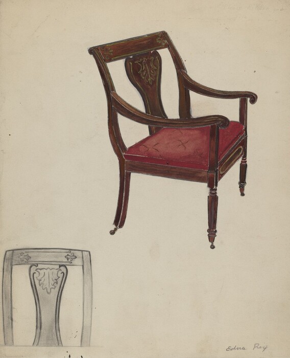 The image displays a wooden armchair with carved details and a red upholstered seat. The chair is mainly in shades of brown with deep red upholstery and lighter red highlights. It is positioned slightly to the right, facing left. In the lower left corner, there is a smaller pencil sketch of the chair's backrest design in an upright orientation.