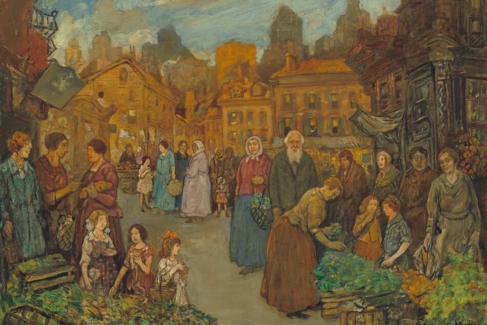 Almost two dozen men, women, and children stand in a street market in this horizontal painting. The people all appear to have pale skin, though a few of the women’s faces are tinged with green. The men are bearded and wear coats and the women long skirts or dresses in shades of rust brown, sage green, slate blue, and brick red. Baskets holding green goods along the foreground closest to us are loosely painted so details are indistinct. A screen of two- and three-story buildings on the far side of a town square are painted with golden yellow and honey orange. The outlines of skyscrapers beyond are hazy against a cloud-streaked, blue sky. The artist signed and dated the painting in the lower right corner, “JEROME MYERS 1931.”