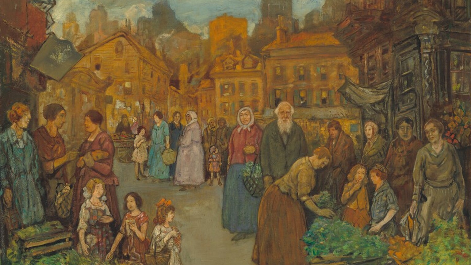 Almost two dozen men, women, and children stand in a street market in this horizontal painting. The people all appear to have pale skin, though a few of the women’s faces are tinged with green. The men are bearded and wear coats and the women long skirts or dresses in shades of rust brown, sage green, slate blue, and brick red. Baskets holding green goods along the foreground closest to us are loosely painted so details are indistinct. A screen of two- and three-story buildings on the far side of a town square are painted with golden yellow and honey orange. The outlines of skyscrapers beyond are hazy against a cloud-streaked, blue sky. The artist signed and dated the painting in the lower right corner, “JEROME MYERS 1931.”