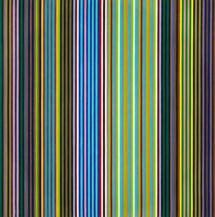 Hard-edged, vertical lines of equal widths march across this square, abstract painting. More black and dark-colored lines are along the left third and right quarter of the composition, and the area in between has more electric and indigo blue, scarlet red, lavender purple, and lime green lines, among other colors.