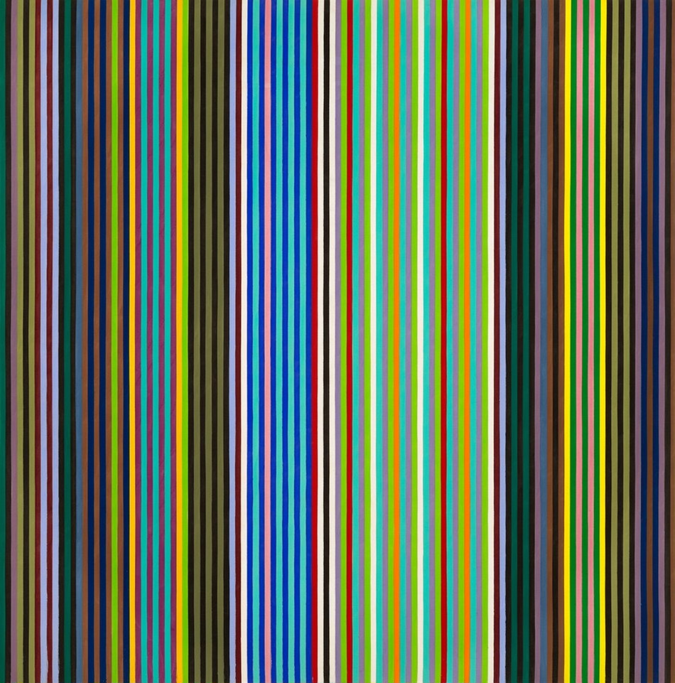 Hard-edged, vertical lines of equal widths march across this square, abstract painting. More black and dark-colored lines are along the left third and right quarter of the composition, and the area in between has more electric and indigo blue, scarlet red, lavender purple, and lime green lines, among other colors.