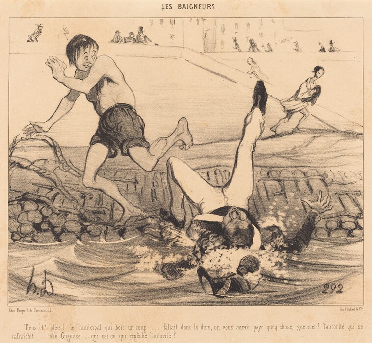 The image shows two figures in the foreground. The figure on the left is leaning back, shirtless, wearing knee-length shorts, with disheveled hair. He has a surprised expression. On the right, the second figure is partially submerged in water, lying on his back with kicking legs. He wears long pants and a dark jacket, with curly hair. His left arm is raised above the water. In the background, smaller figures are in motion or seated near a body of water with stone or wooden structures. The setting has a sketched backdrop with simplistic outlines of structures and distant figures.